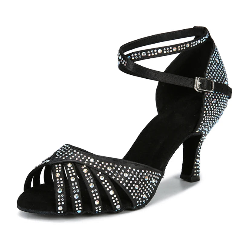 Rhinestone Latin Dance Sandal | Satin | 7.5cm Cuban Heel