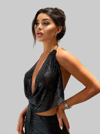 Metallic Sequin Halter Crop Top - Backless Deep V-Neck