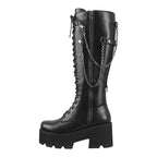 Black Platform Knee-High Lace-Up Boots with Chain — Extended Sizing US 5–15