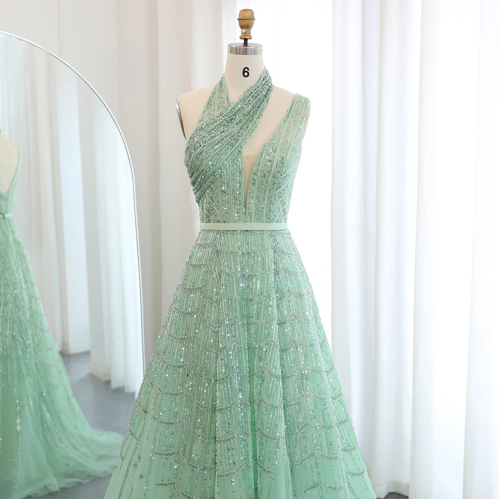 Luxury Beaded Halter Gown | Tulle A-Line | Floor-Length