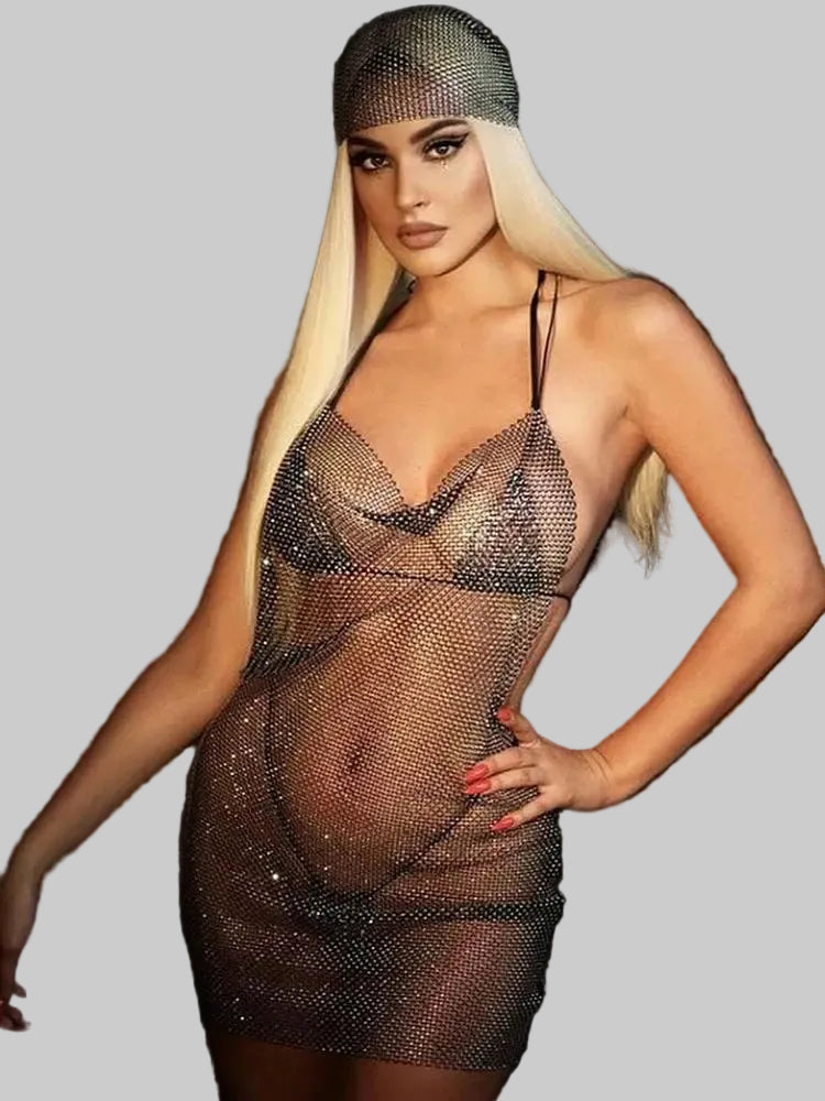 Rhinestone Sequin Metal Halter Mini Dress