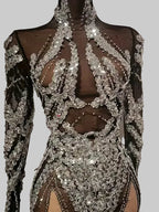 See Through Black Mesh Silver Sequins Mini Dress