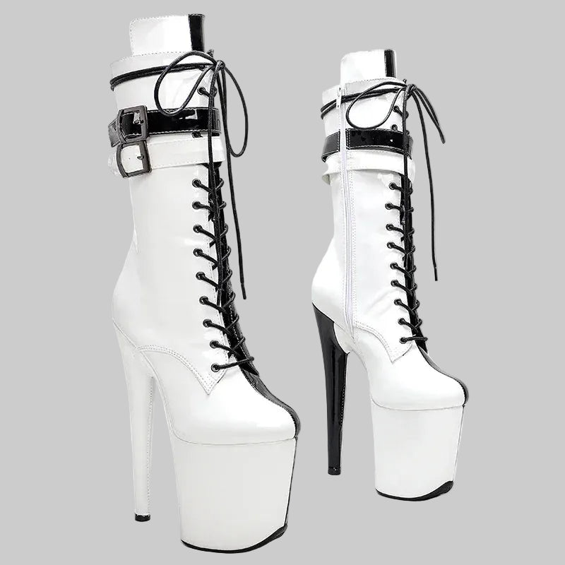 Platform Ankle Boots - 8-Inch Black & White Lace-Up Heels for Pole Dance & Performance