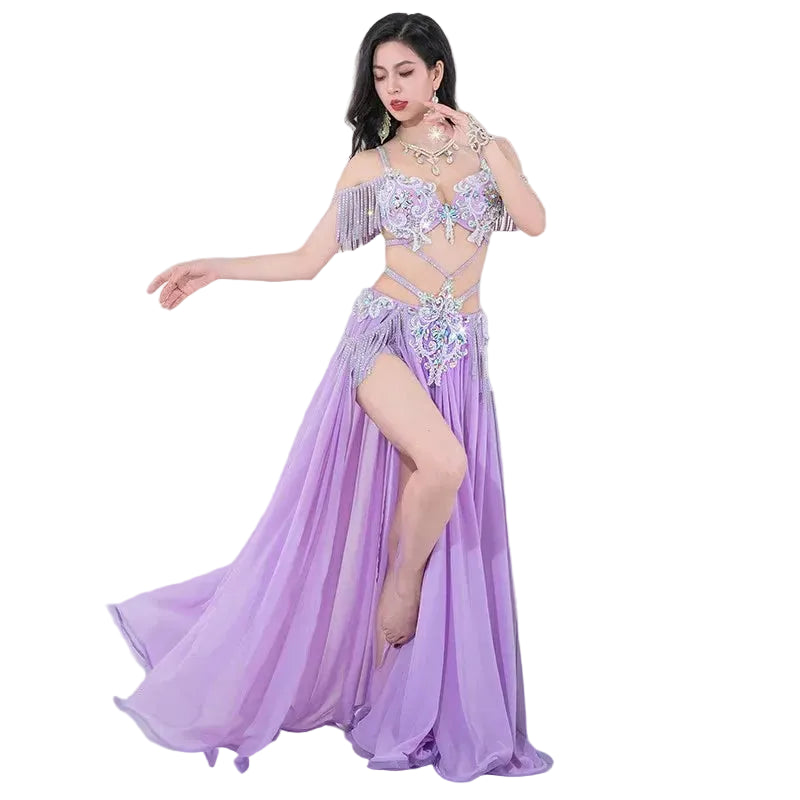 Egyptian Belly Dance Costume - Rhinestone Bra, Skirt & Long Sleeves Set