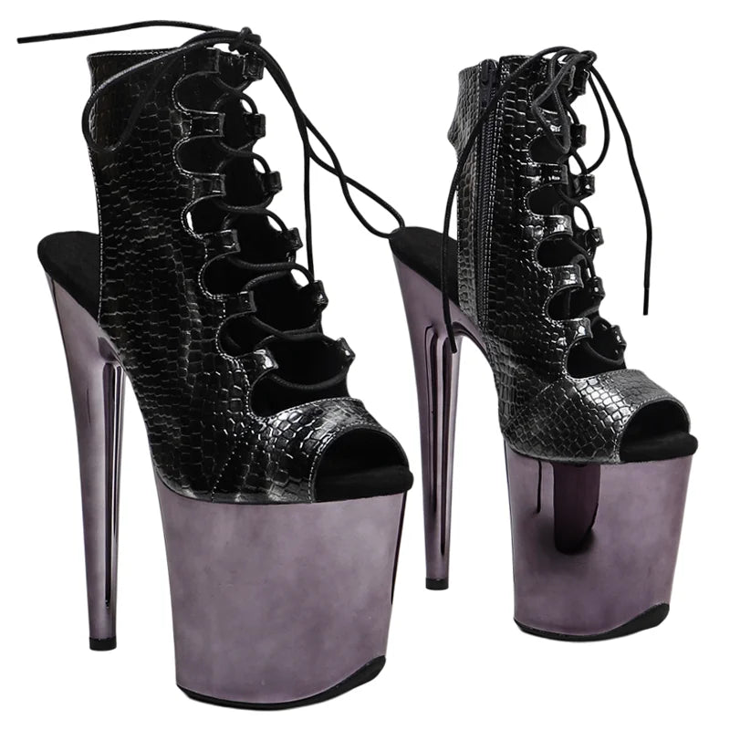 20CM Snake Print Platform Pole Dance Boots - Ultra High Heel Open Toe Ankle Boots