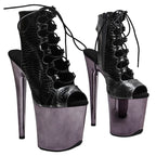20CM Snake Print Platform Pole Dance Boots - Ultra High Heel Open Toe Ankle Boots