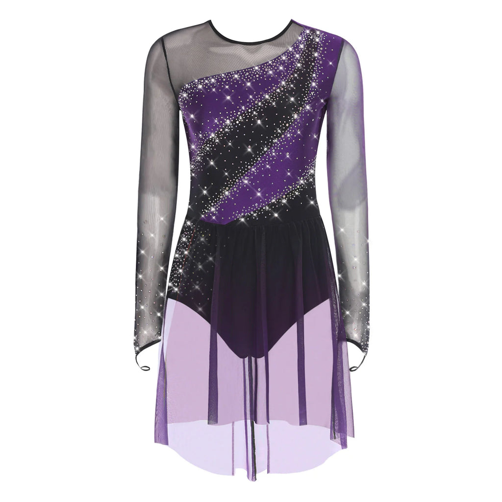 Rhinestone Sequin Leotard Dress | Mesh Long Sleeve | Gradient Skirt | Figure Skating