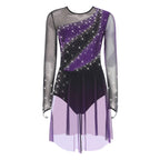 Rhinestone Sequin Leotard Dress | Mesh Long Sleeve | Gradient Skirt | Figure Skating