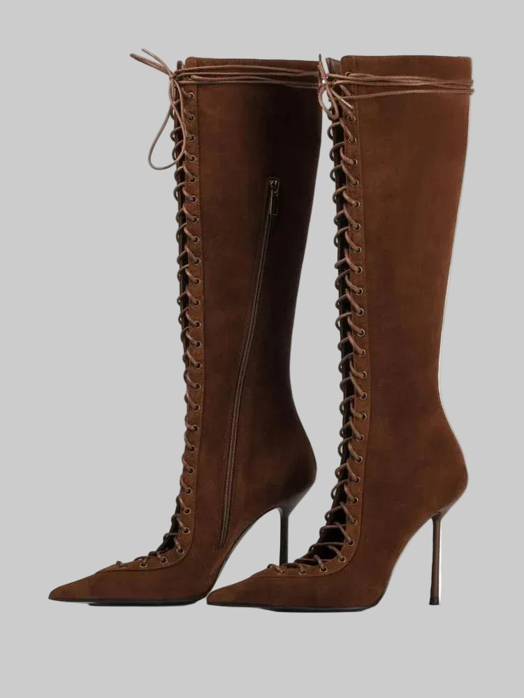 Mesh Lace-Up Knee-High Boots - Pointed Toe Stiletto Heels for Stage & Performance