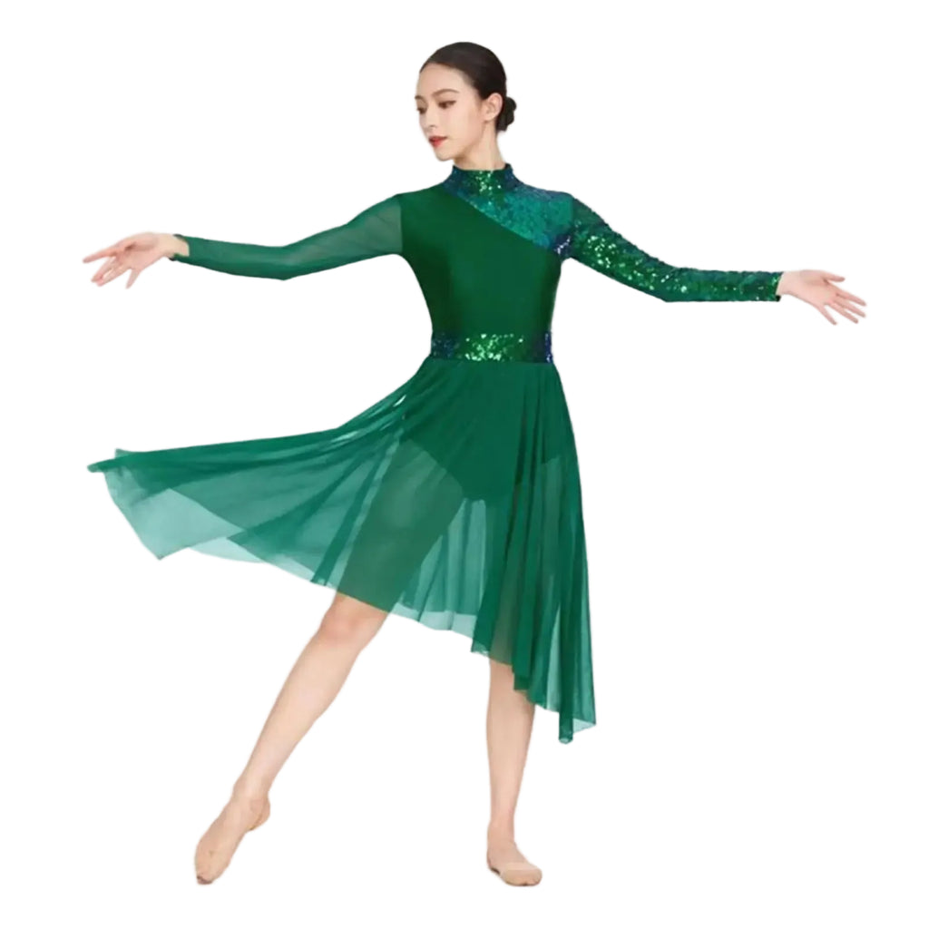 Women's Sequin Lyrical Dance Dress | Long Sleeve | Mesh Skirt