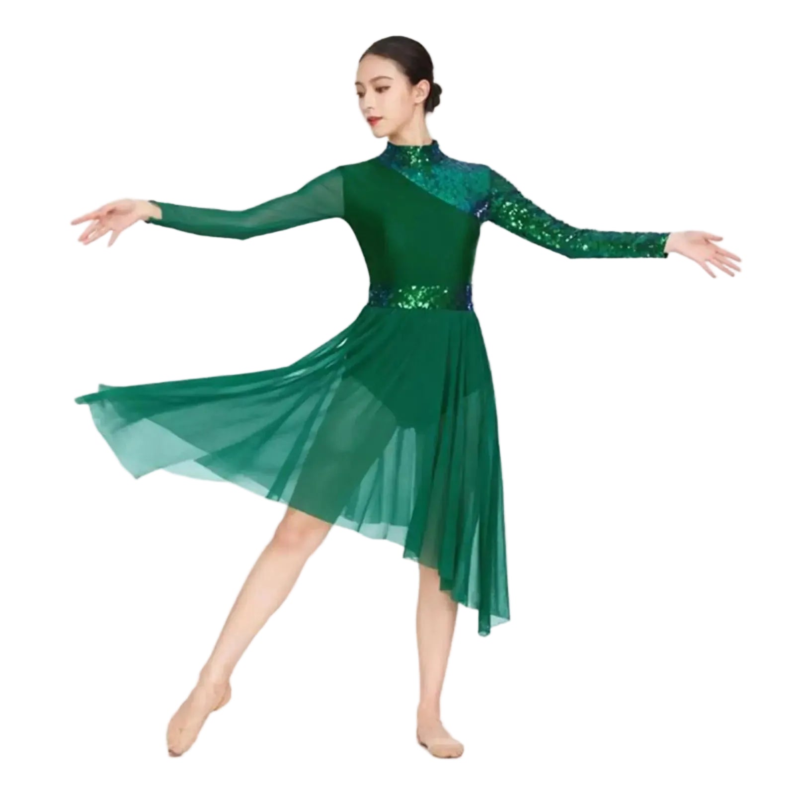 Women's Sequin Lyrical Dance Dress | Long Sleeve | Mesh Skirt