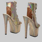17CM Shiny Snake Print Platform Ankle Boots - 7 Inch High Heel Pole Dance Boots