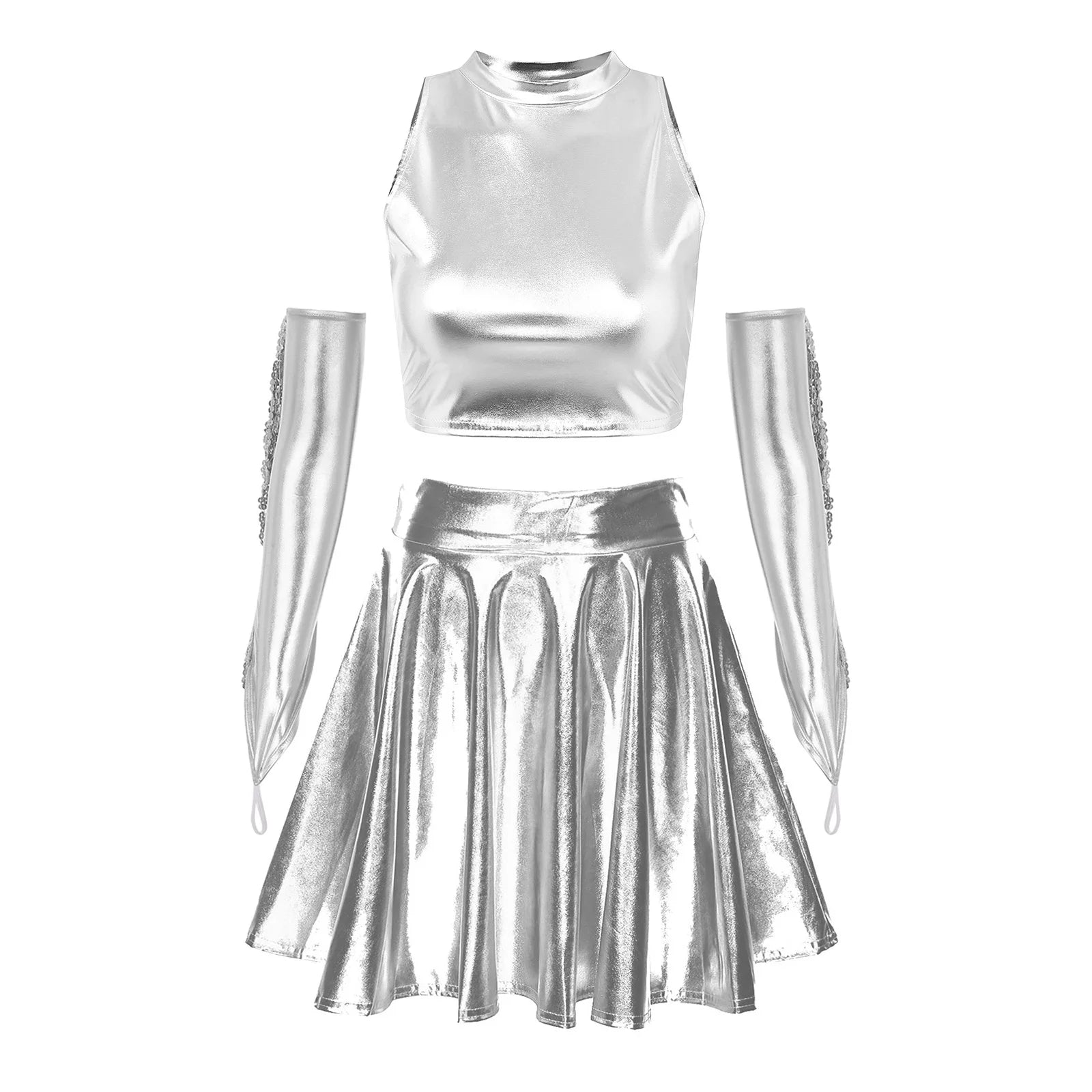 Holographic 3-Piece Set | Crop Top, Skirt & Gloves