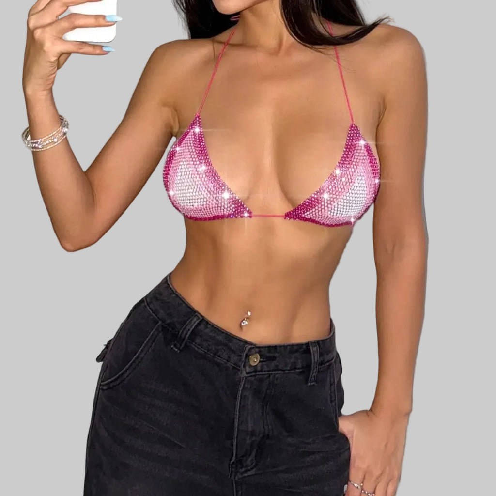 Gradient Rhinestone Mesh Crop Top - Sheer Fishnet Tank