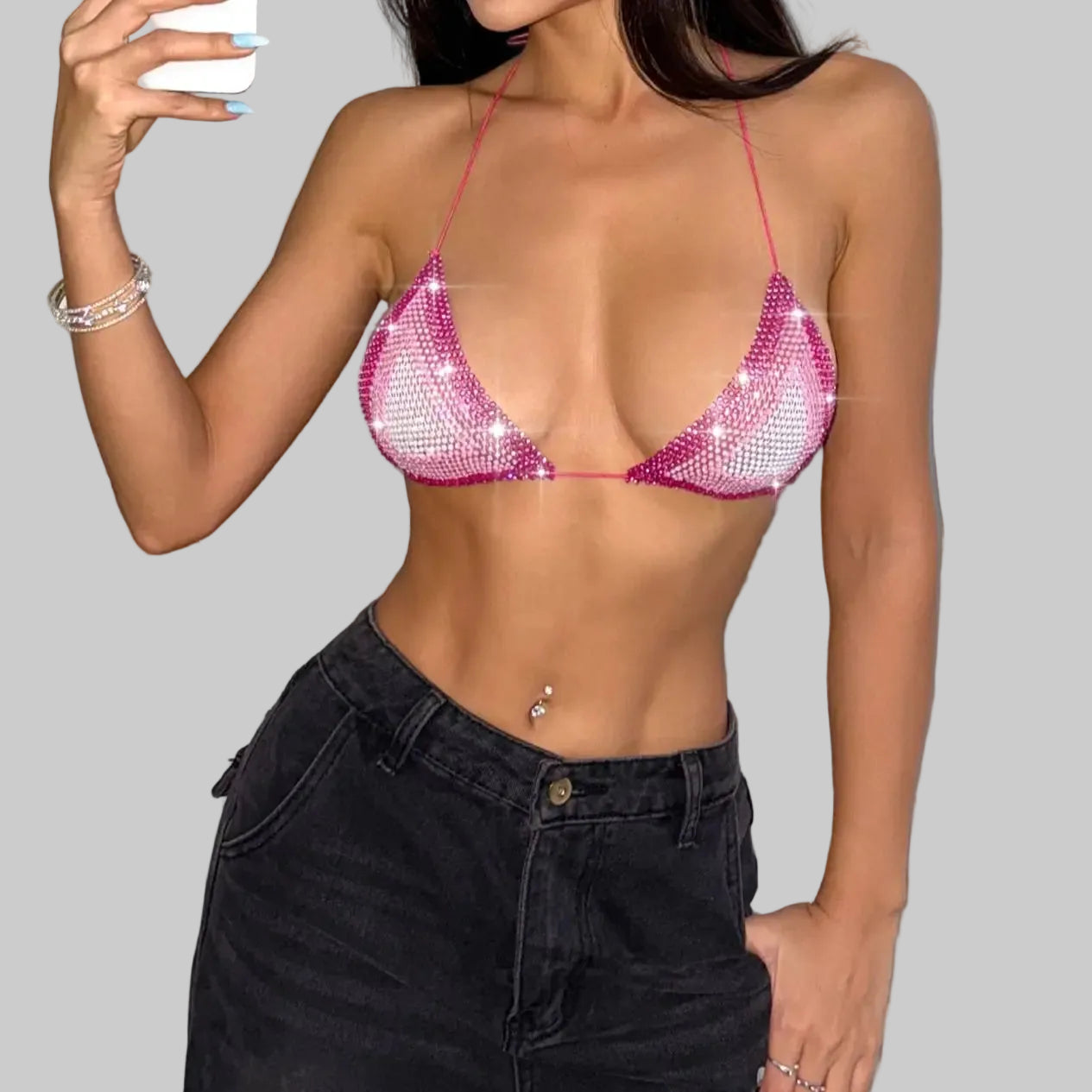 Gradient Rhinestone Mesh Crop Top - Sheer Fishnet Tank
