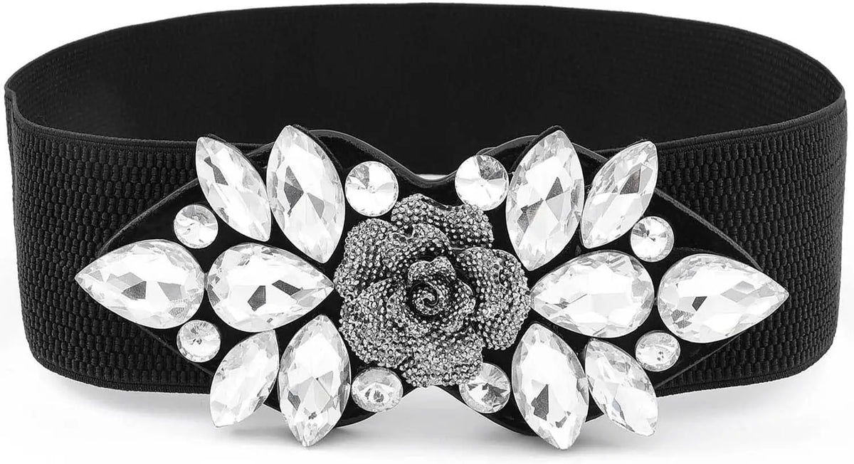 Rhinestone Flower Wide Elastic Belt | Stage & Dressy