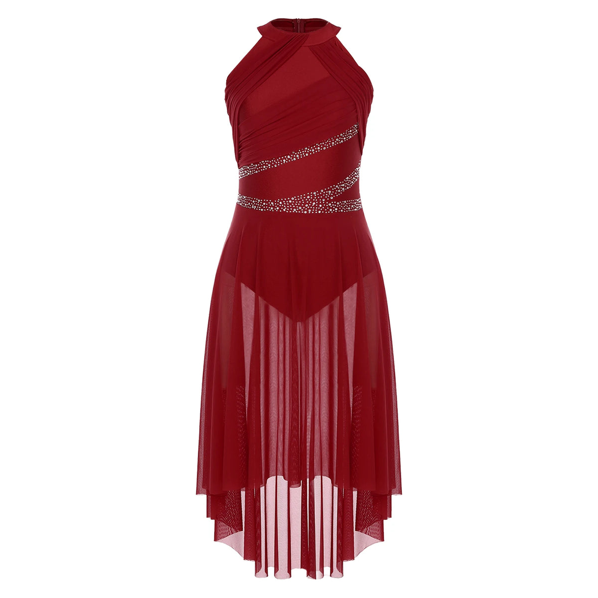 Lyrical Dance Dress | Rhinestone Asymmetric Mesh