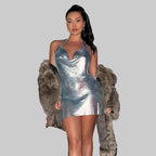 Metal Sequin Halter Mini Dress - Backless V-Neck Side Split Dress