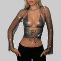 Rhinestone Mesh Halter Crop Top - Sheer V-Neck Fishnet Tee