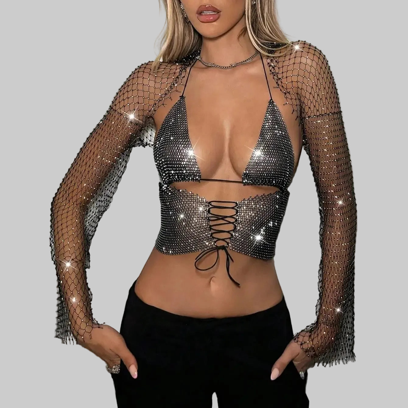 Rhinestone Mesh Halter Crop Top - Sheer V-Neck Fishnet Tee