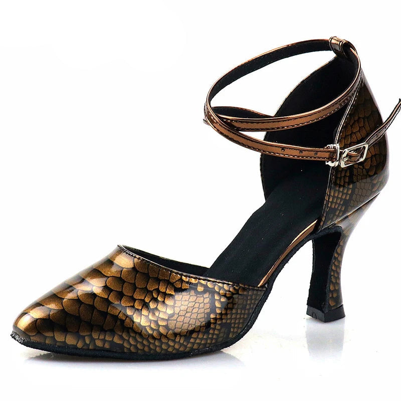 Rhinestone Snakeskin Latin Dance Court Shoe | Cuban Heel | 5–8.5cm