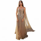Crystal Beaded Cape Gown | Floral Bodice | Champagne & White