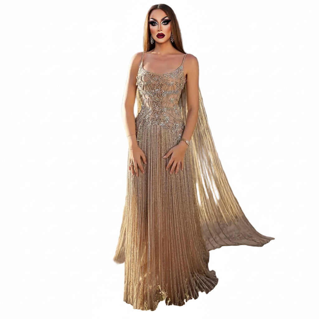 Crystal Beaded Cape Gown | Floral Bodice | Champagne & White