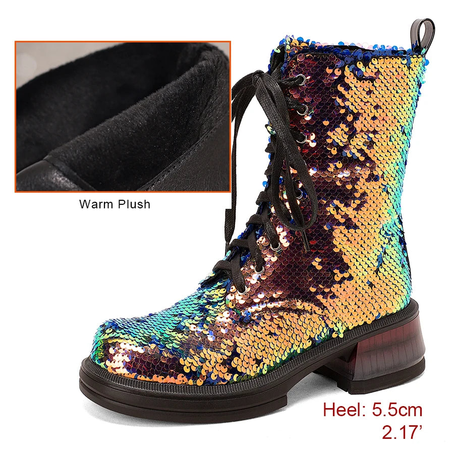 Sequin Ankle Boots | Lace-Up | 5.5cm Heel