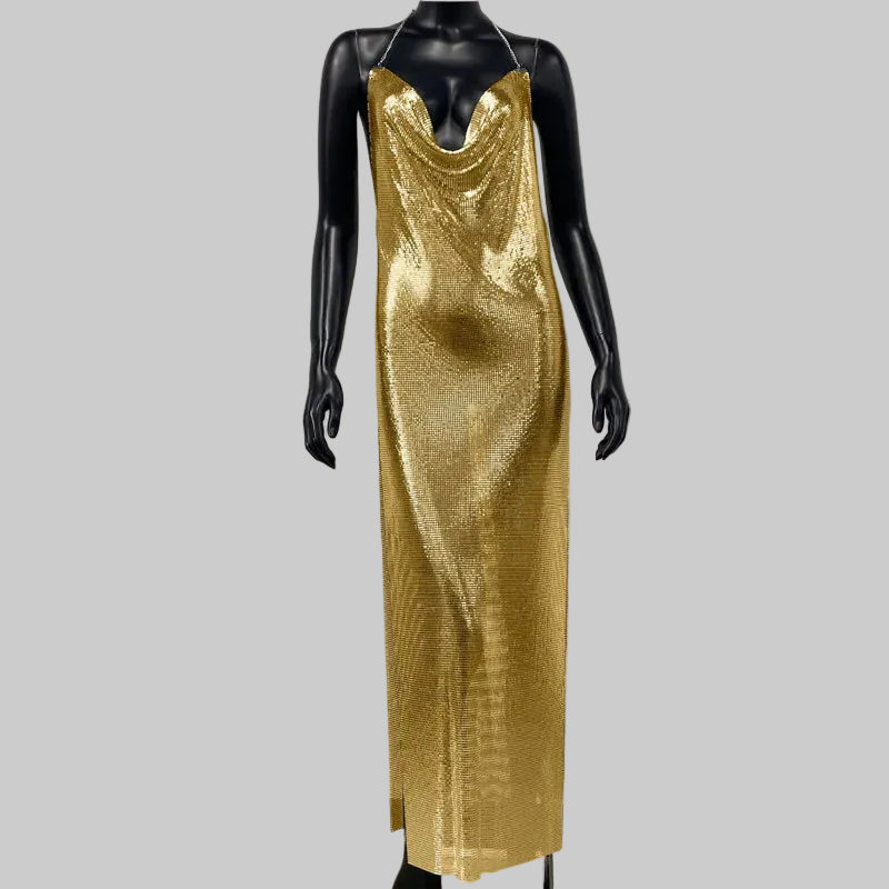 Metal Sequin Chain Strap Maxi Dress