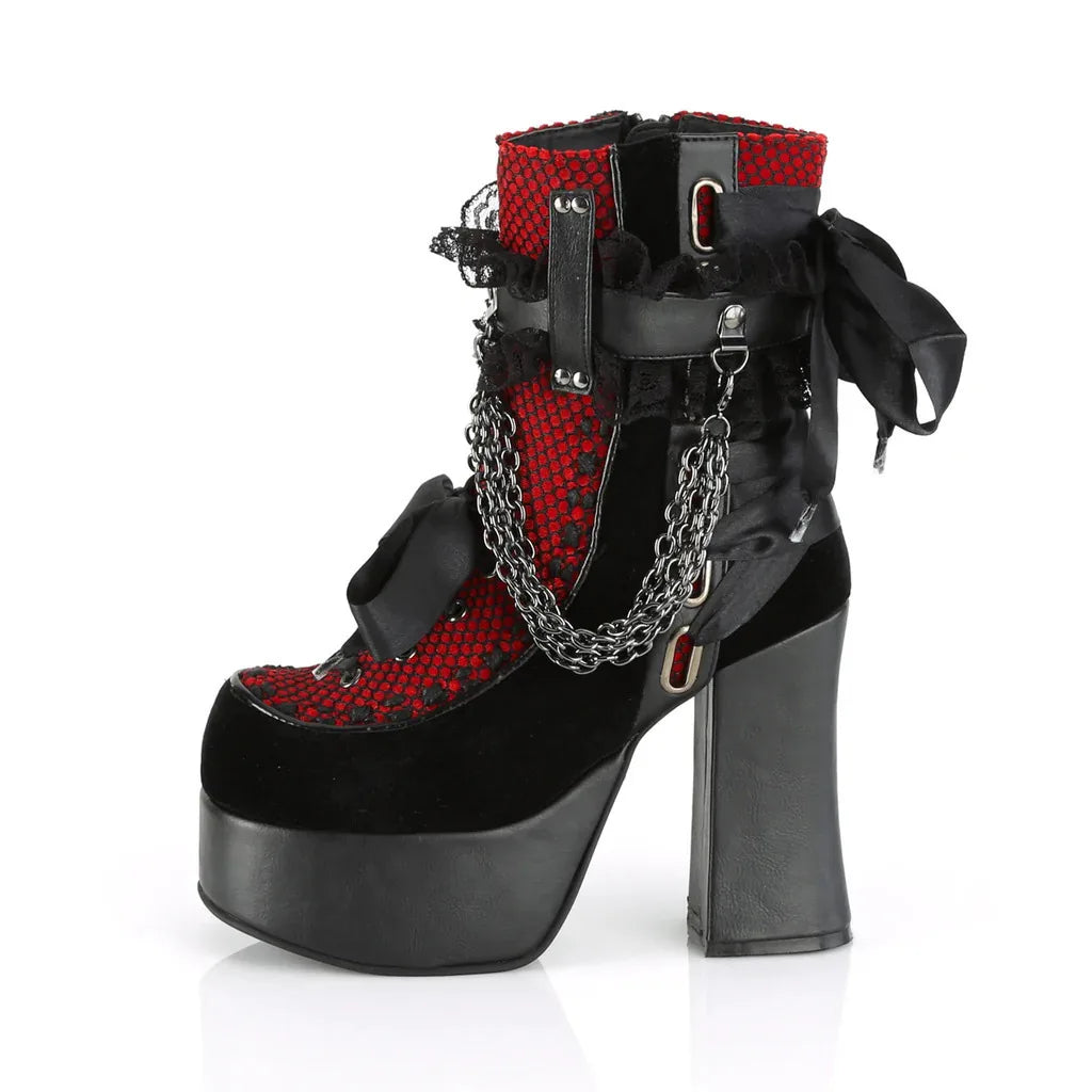 Gothic Chain Platform Ankle Boots | Lace-Up & Bow | Black & Red
