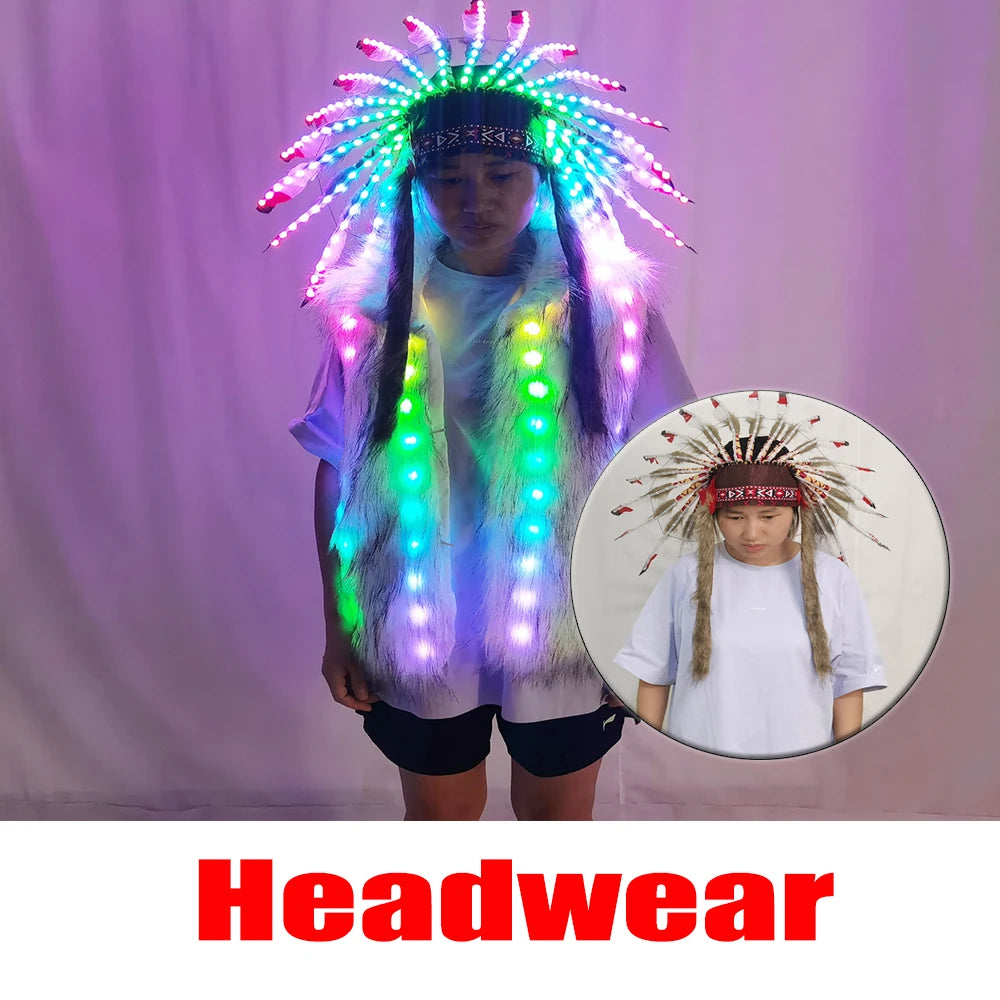 LED Fur Vest & Festival Feather Headdress | Full-Colour RGB | Rave Costume