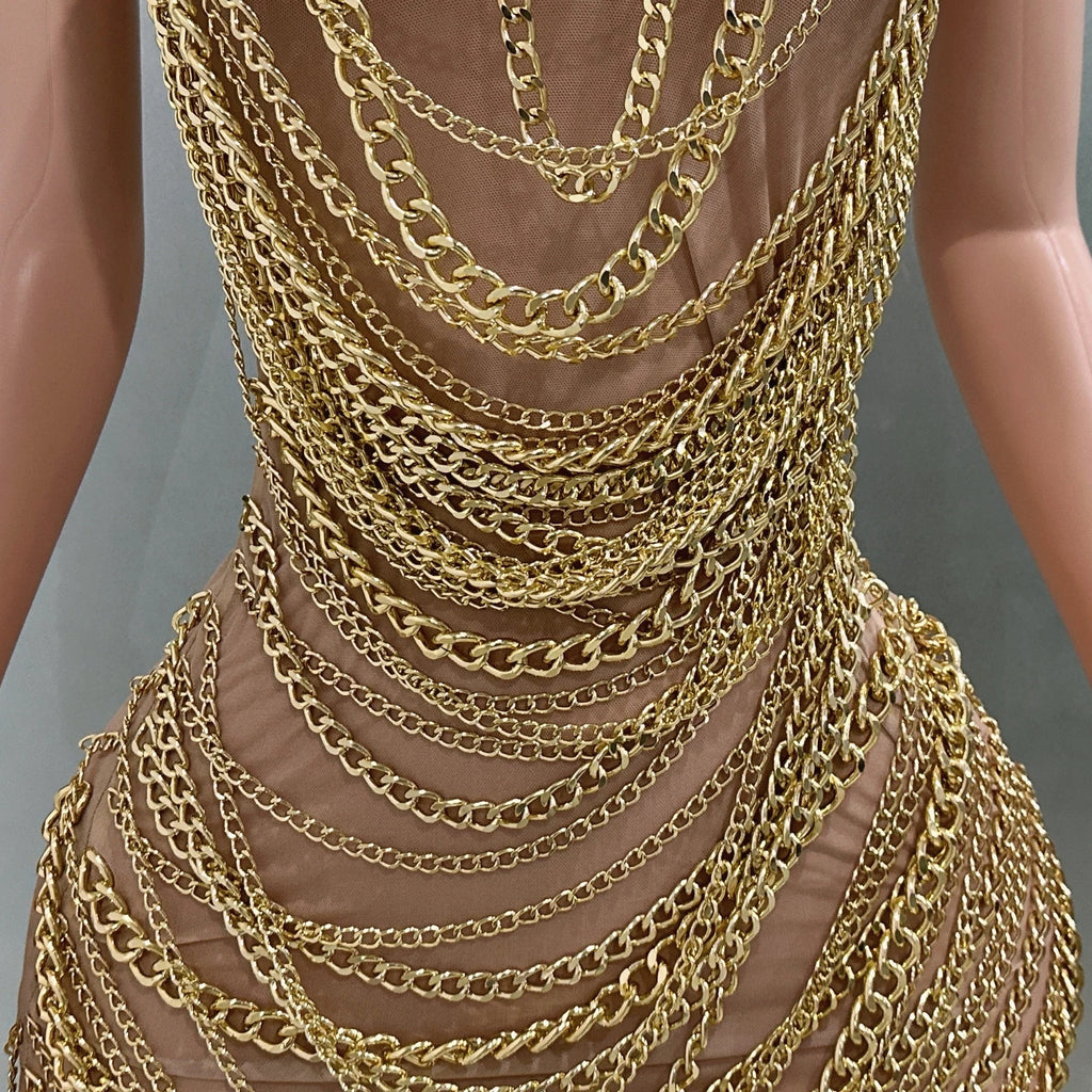 Gold Chain Sheer Mini Dress - Luxury See-Through Bodycon for Singers & Performers