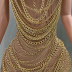 Gold Chain Sheer Mini Dress - Luxury See-Through Bodycon for Singers & Performers