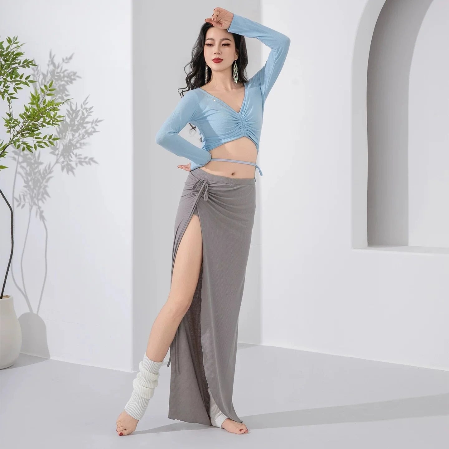 Belly Dance Costume | Long Sleeve Halter Top & Slit Skirt Set