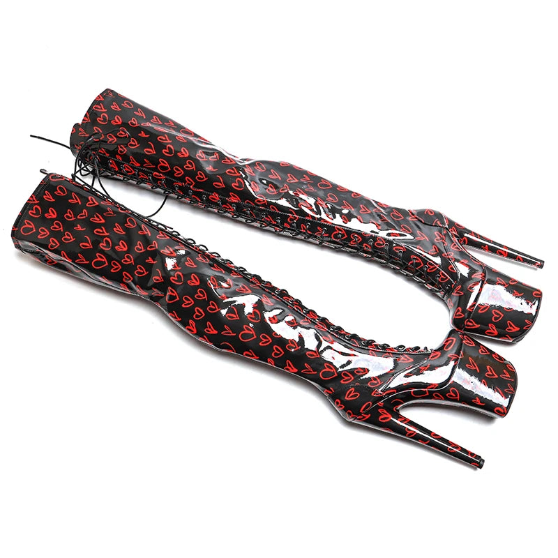8-Inch Heart Pattern Thigh-High Boots - Lace-Up Dance Boots