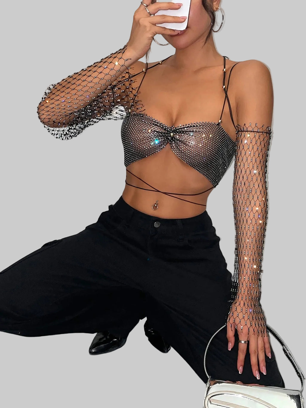 Rhinestone Mesh Fishnet Long Sleeve Crop Top