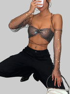 Rhinestone Mesh Fishnet Long Sleeve Crop Top