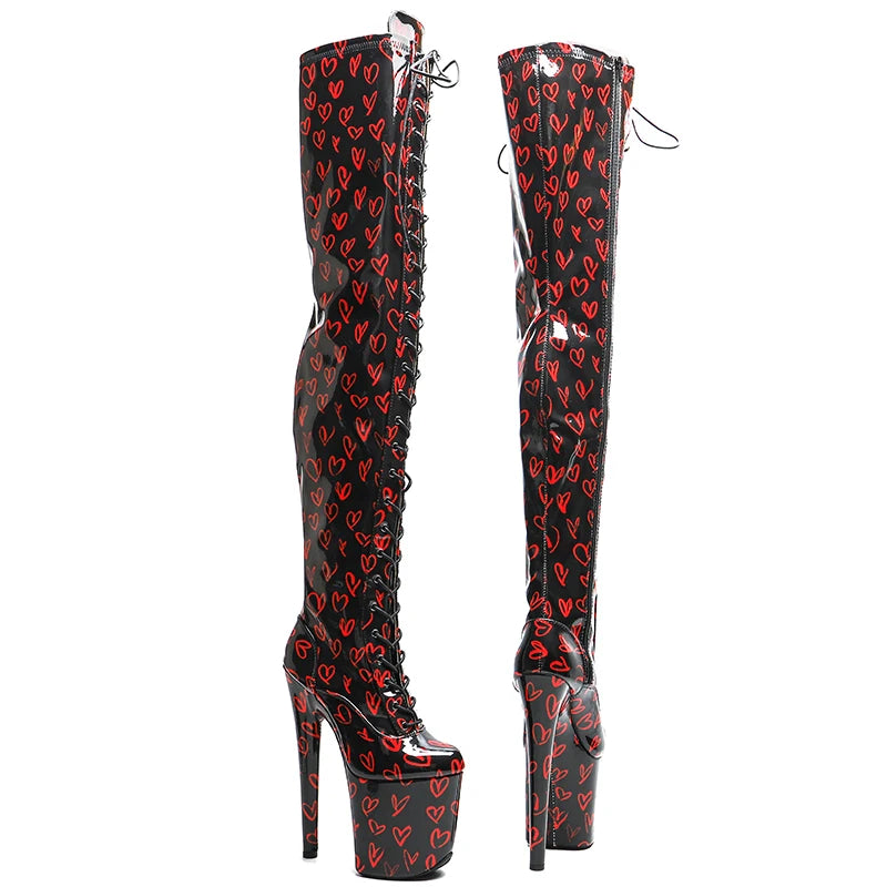 8-Inch Heart Pattern Thigh-High Boots - Lace-Up Dance Boots