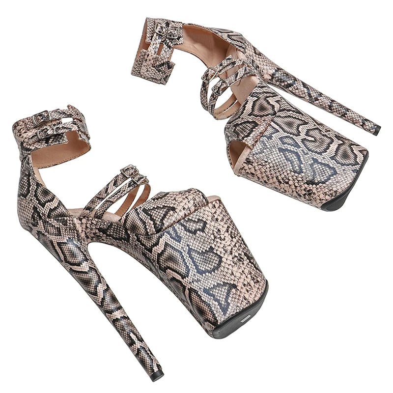 9-Inch Snake Print Platform Sandals - Slip-On High Heel Performance Shoes