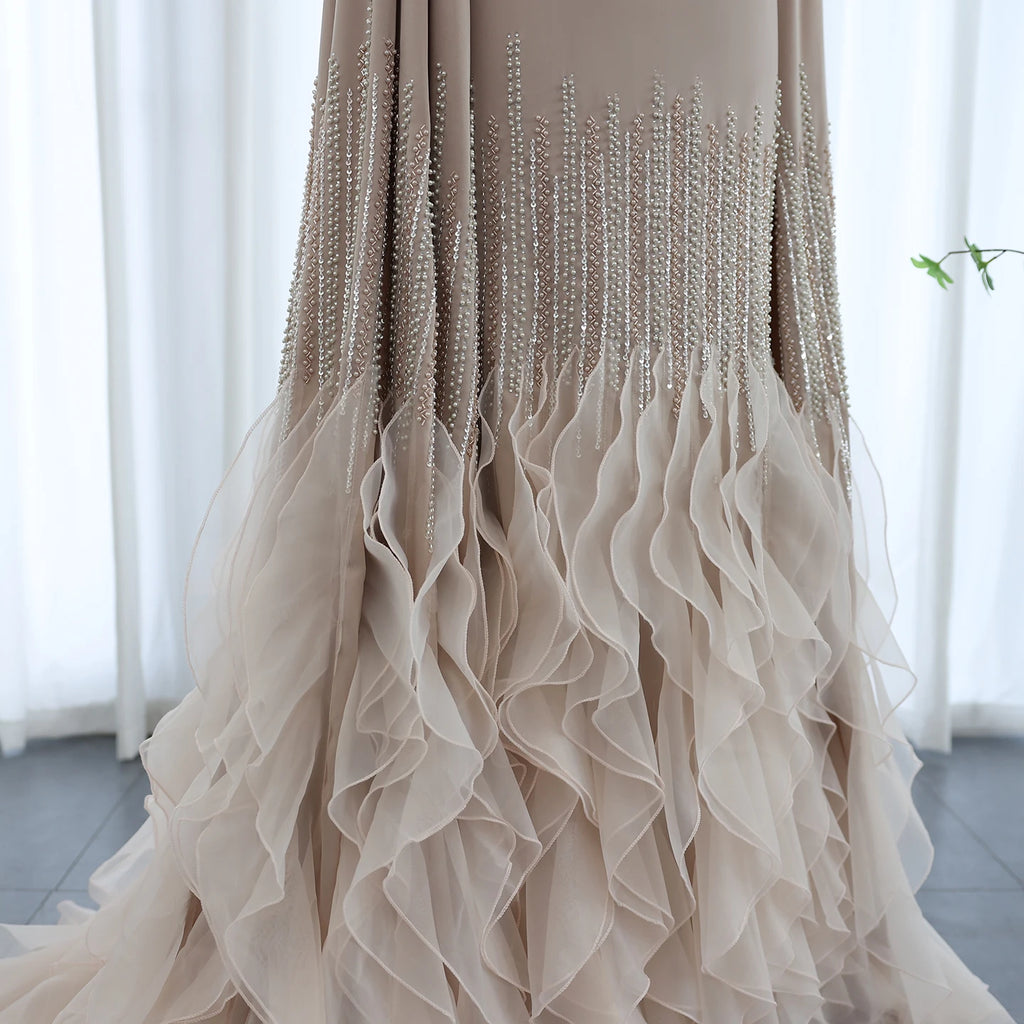 Ruffle Cape Mermaid Gown | Scoop Neck | Nude, White, Burgundy