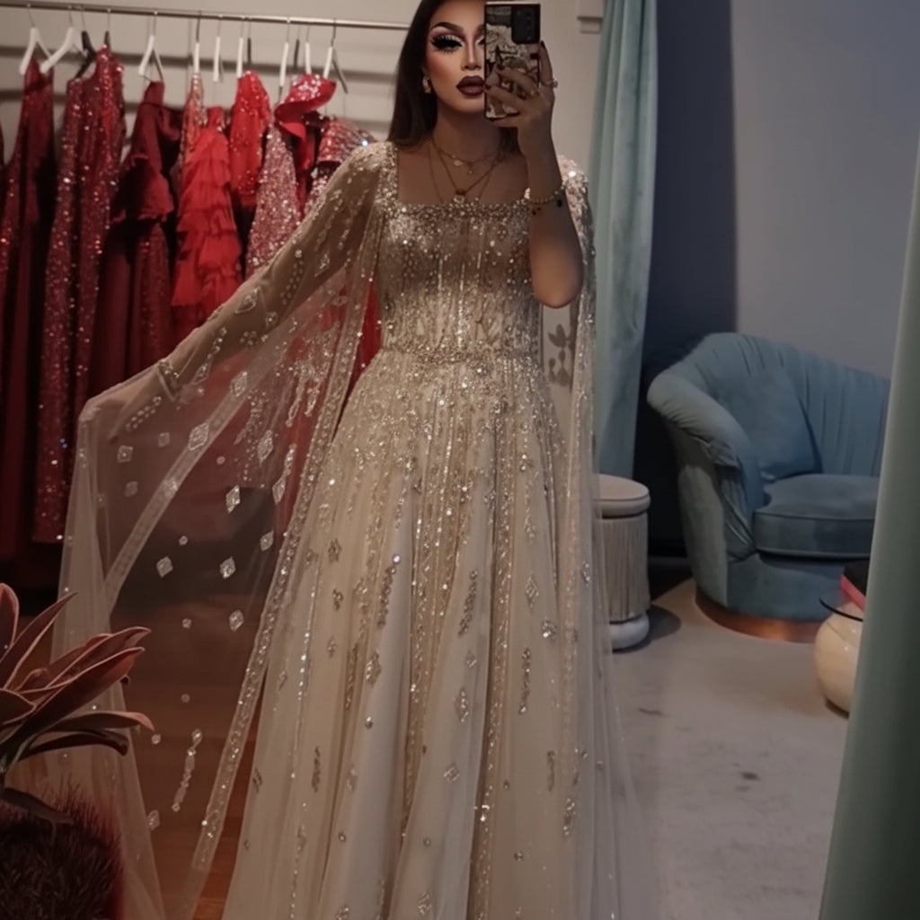 Crystal A-Line Gown | Cape Sleeves | Square Neck | Choker