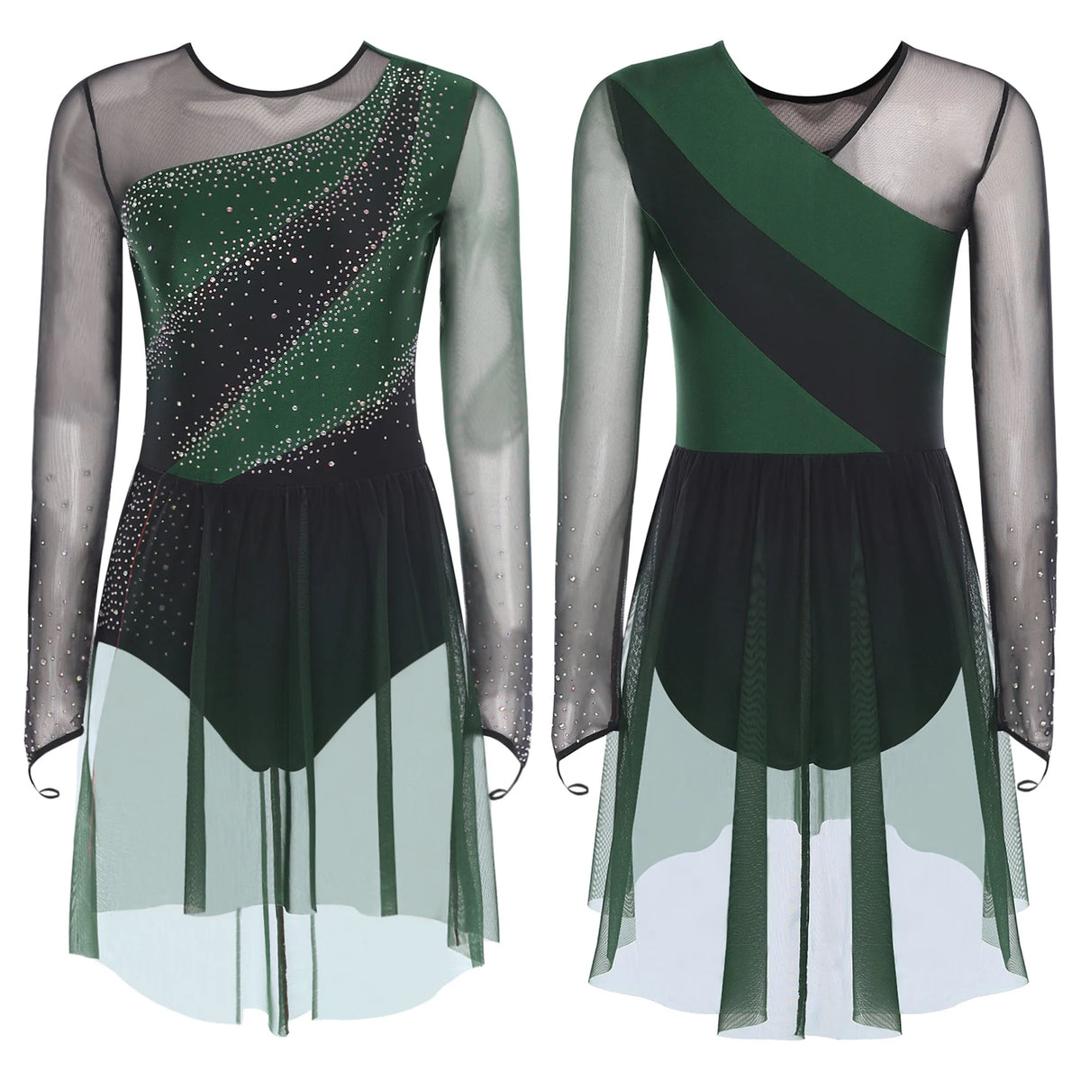 Rhinestone Sequin Leotard Dress | Mesh Long Sleeve | Gradient Skirt | Figure Skating