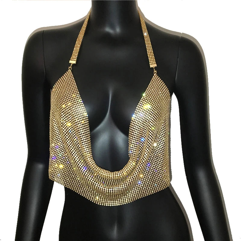 Rhinestone Crystal Deep V Crop Top - Sheer Backless Adjustable Tank
