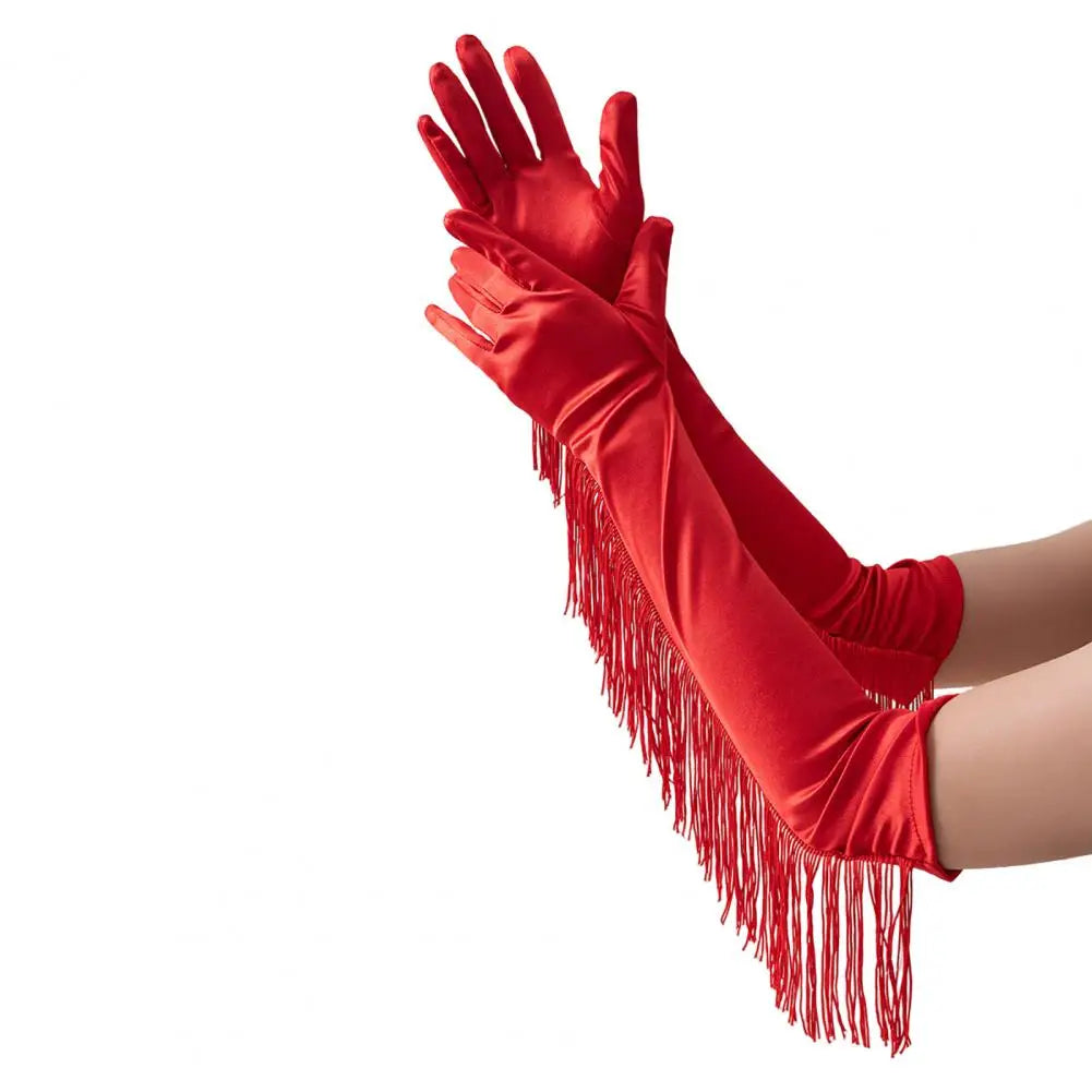 Fringe Tassel Opera Gloves — Elbow Length, 45cm | Rose Red, Red, White, Black