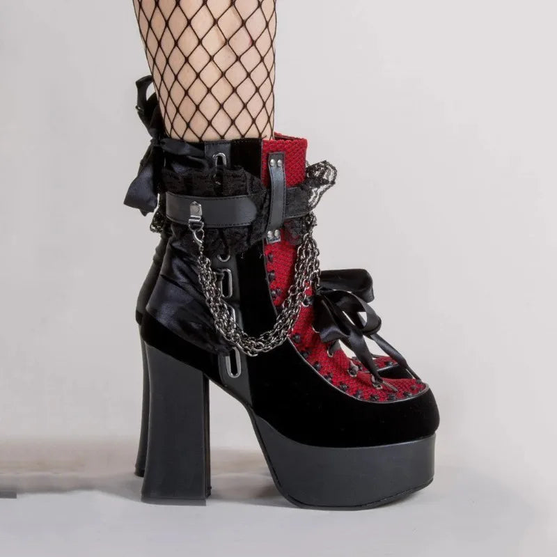 Gothic Chain Platform Ankle Boots | Lace-Up & Bow | Black & Red