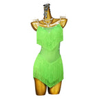 Green Rhinestone Latin Dance Dress with Fringe & Tassel Details
