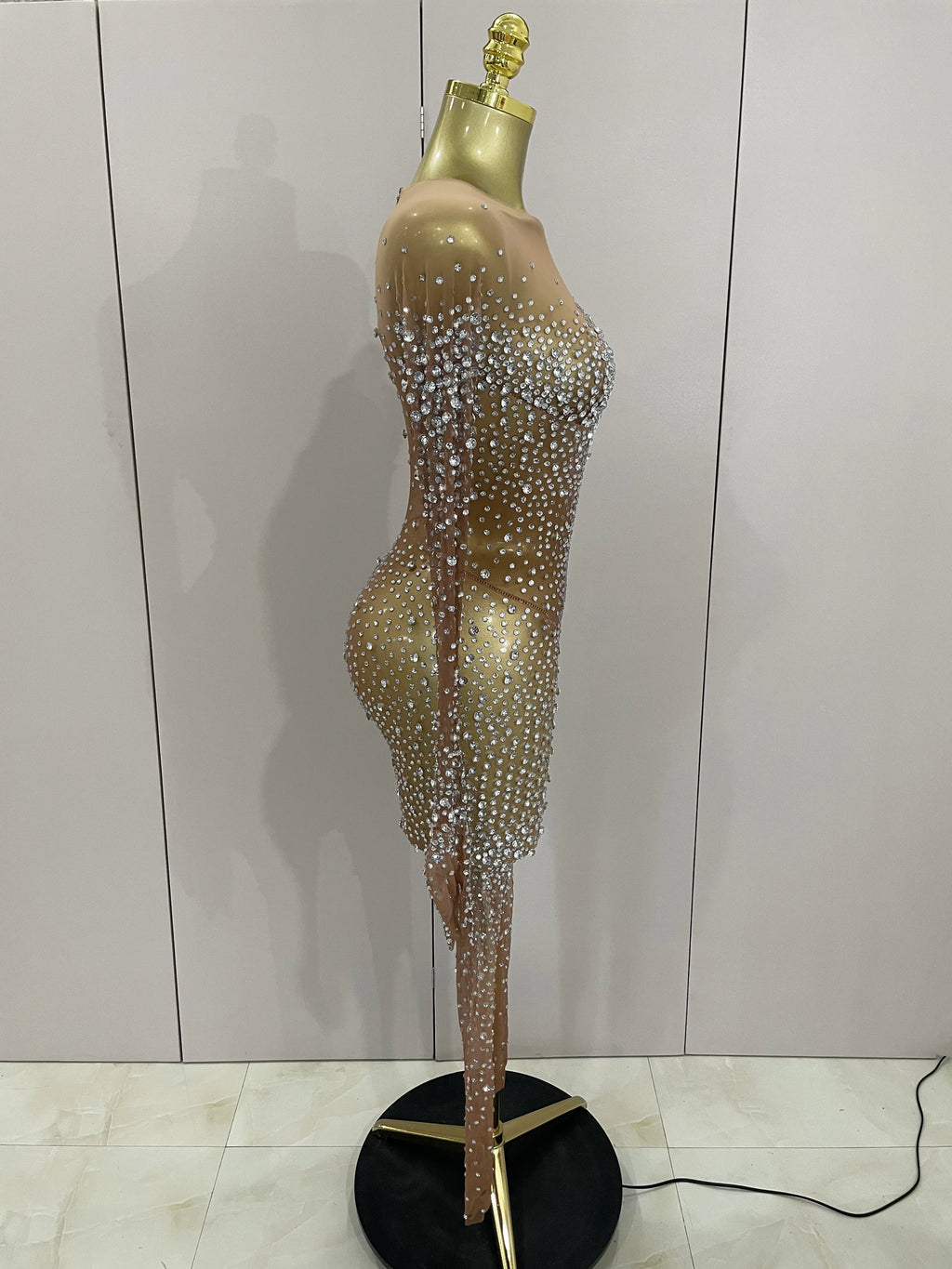 Rhinestone Fringe Catsuit | Mesh | Singer Stage