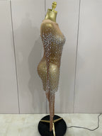Rhinestone Fringe Catsuit | Mesh | Singer Stage