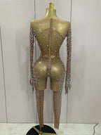 Rhinestone Fringe Catsuit | Mesh | Singer Stage