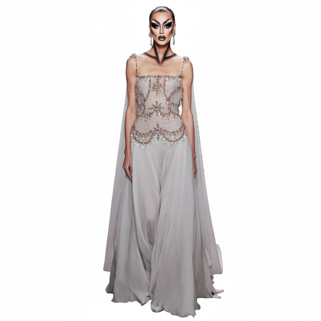 Crystal Beaded Cape Gown | A-Line | Floor-Length